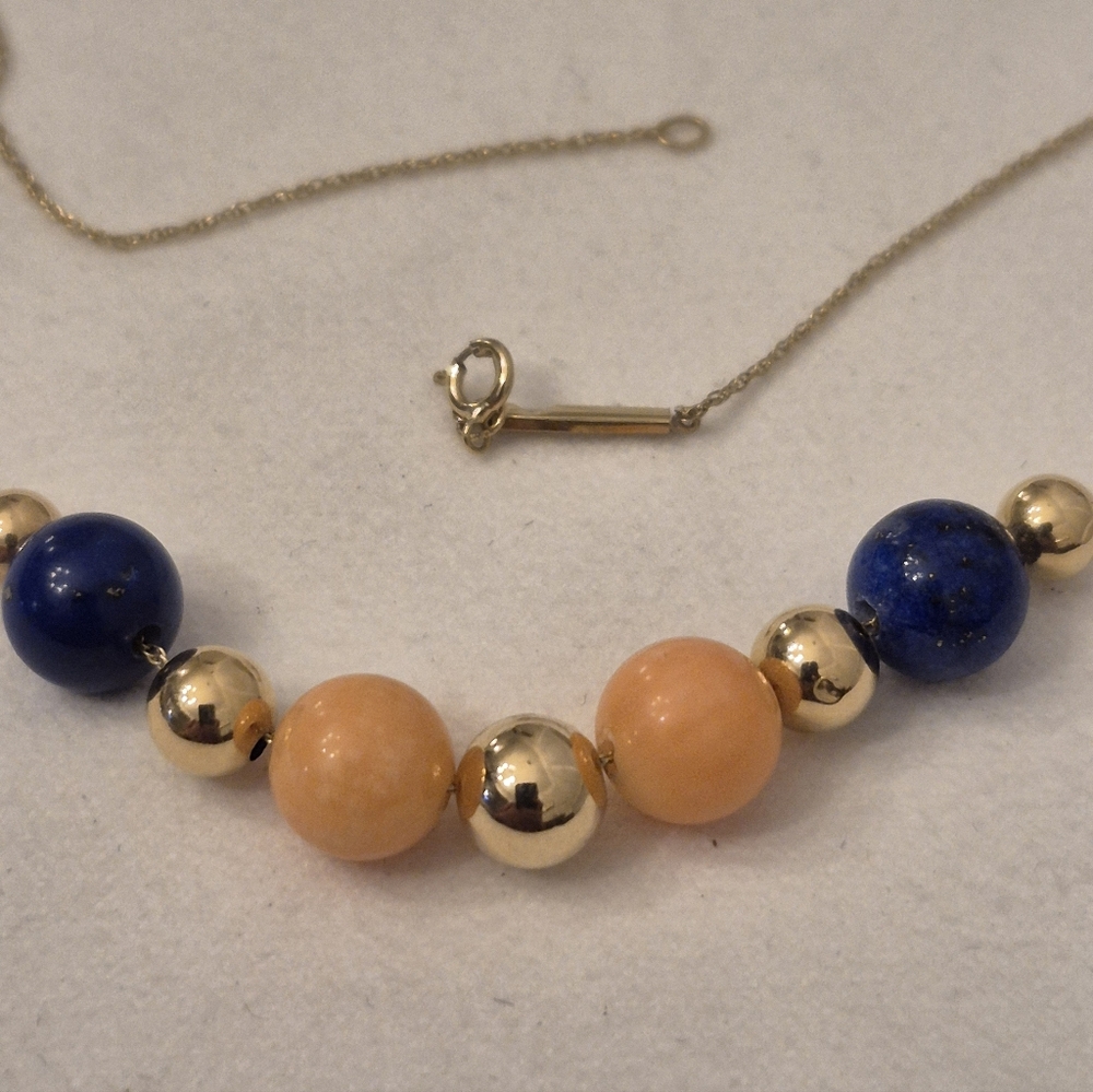 Gold Chain Necklace with Blue and Peach Stone Beads